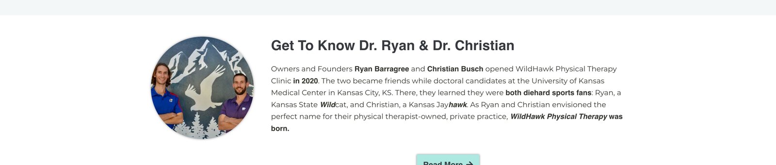 Get To Know Dr. Ryan & Dr. Christian founders section telling the Kansas Wildcat and Jayhawk origin story