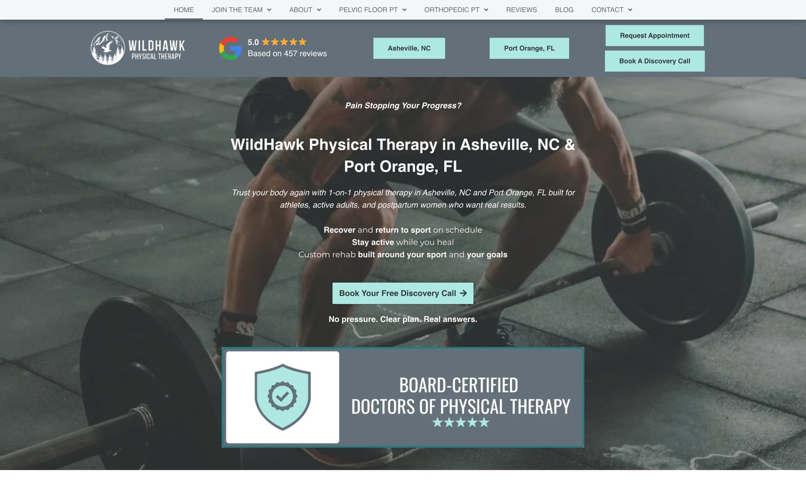 WildHawk Physical Therapy homepage hero with headline, location buttons, and Book Your Free Discovery Call CTA