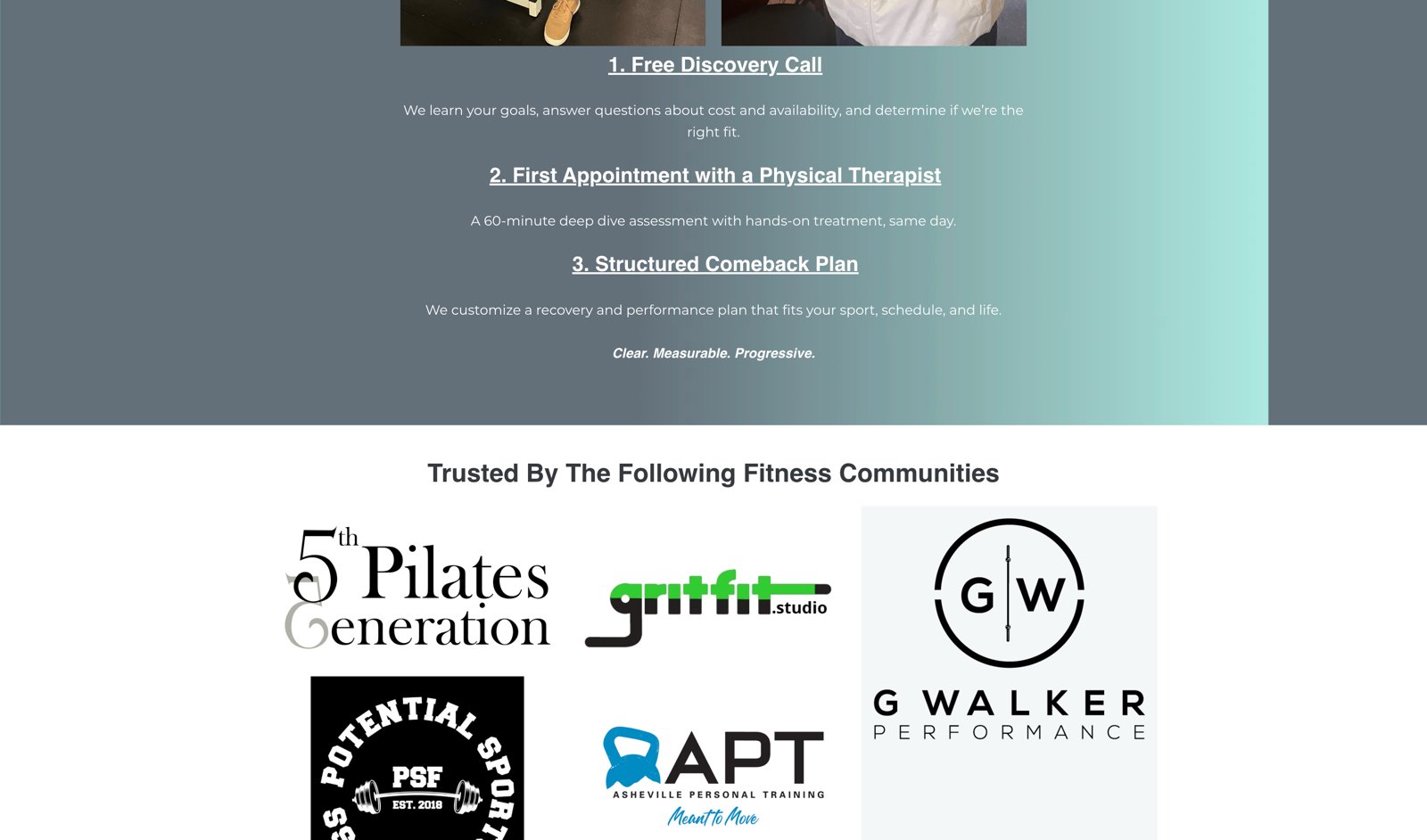 How Physical Therapy at WildHawk Works three-step process section with in-clinic treatment photos