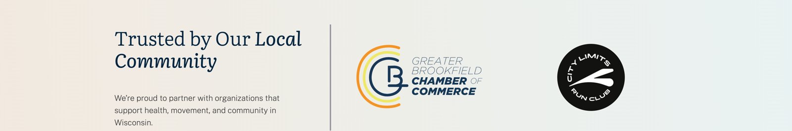 Trusted by Our Local Community section showing Greater Brookfield Chamber of Commerce and City Limits Run Club partnership logos