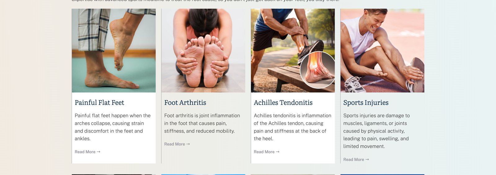 What We Treat condition grid showing eight condition cards including Painful Flat Feet, Foot Arthritis, Achilles Tendonitis, and Sports Injuries