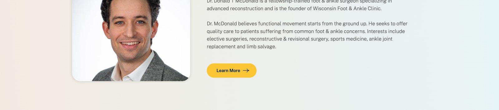 Dr. McDonald bio section describing his fellowship training and surgical interests