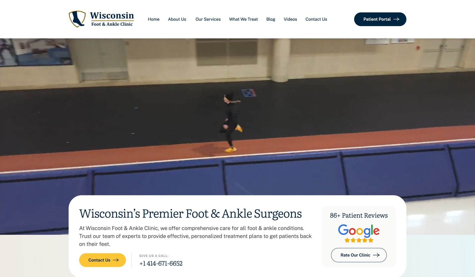Wisconsin Foot & Ankle Clinic homepage hero with headline, Google review badge, and Contact Us call-to-action