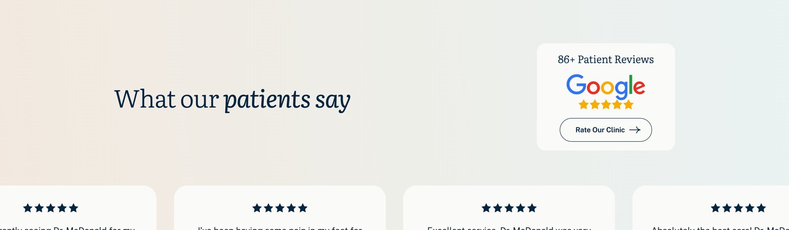 What our patients say testimonials section with 86+ Google reviews badge and patient review cards