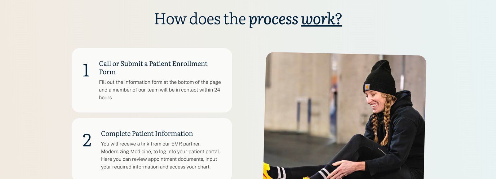 How does the process work three-step explainer showing patient enrollment, portal login, and first appointment